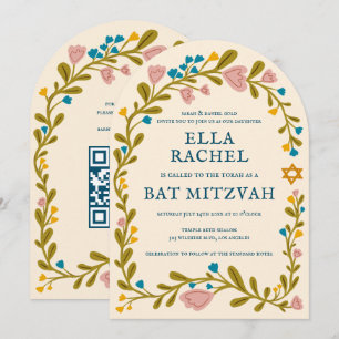 Floral Wreath Bat Mitzvah Hand-drawn Custom QRcode Invitation