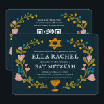 Floral Wreath Bat Mitzvah Hand-drawn Custom QRcode Invitation<br><div class="desc">Perfect card to announce a bar mitzvah, bat mitzvah or other Jewish celebration! Hand made art for you! FULLY CUSTOMIZABLE! Click on “Personalise” above to edit the text and add your links to the QR code on the back. Click "edit using design tool" to adjust the fonts, colours and placements....</div>