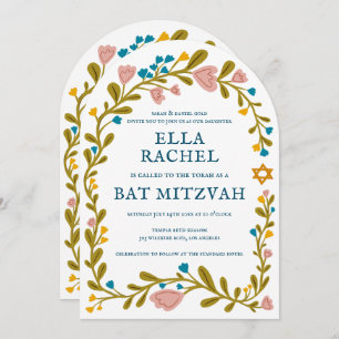 Floral Wreath Bat Mitzvah Hand-drawn Custom QRcode Invitation