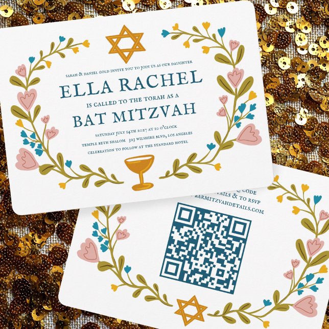Floral Wreath Bat Mitzvah Hand-drawn Custom QRcode Invitation (Floral Wreath Bat Mitzvah Hand-drawn Custom QR code Invitation
)
