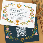 Floral Wreath Bat Mitzvah Hand-drawn Custom QRcode Invitation<br><div class="desc">Perfect card to announce a bar mitzvah, bat mitzvah or other Jewish celebration! Hand made art for you! FULLY CUSTOMIZABLE! Click on “Personalise” above to edit the text and add your links to the QR code on the back. Click "edit using design tool" to adjust the fonts, colours and placements....</div>