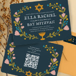 Floral Wreath Bat Mitzvah Hand-drawn Custom QRcode Invitation<br><div class="desc">Perfect card to announce a bar mitzvah, bat mitzvah or other Jewish celebration! Hand made art for you! FULLY CUSTOMIZABLE! Click on “Personalise” above to edit the text and add your own link to the QR code on the back. Click "edit using design tool" to adjust the fonts, colours and...</div>