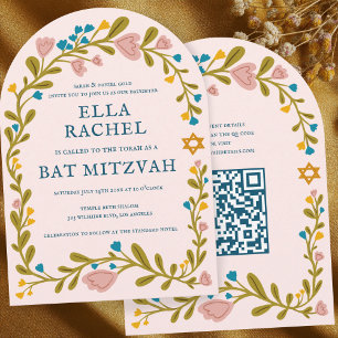 Floral Wreath Bat Mitzvah Hand-drawn Custom QRcode Invitation