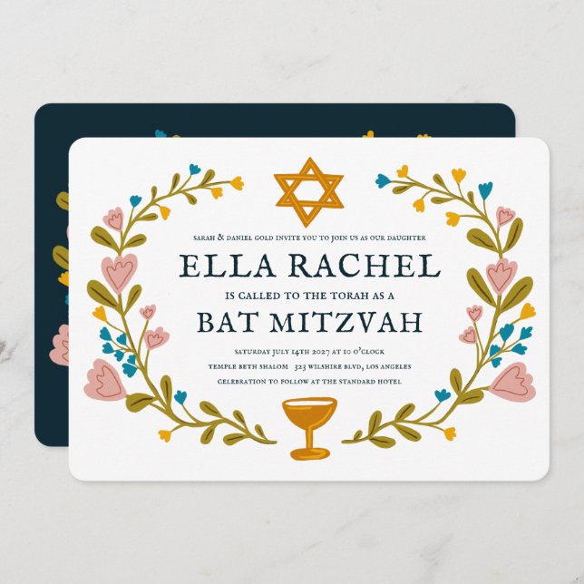 Floral Wreath Bat Mitzvah Hand-drawn Custom QRcode Invitation (Front/Back)