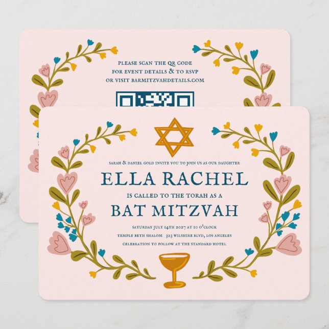 Floral Wreath Bat Mitzvah Hand-drawn Custom QRcode Invitation (Front/Back)