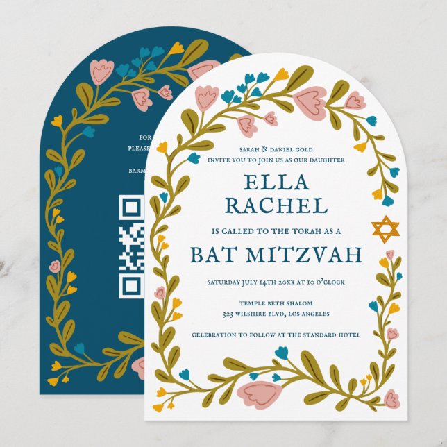 Floral Wreath Bat Mitzvah Hand-drawn Custom QRcode Invitation (Front/Back)