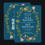Floral Wreath Bat Mitzvah Hand-drawn Custom QRcode Invitation<br><div class="desc">Perfect card to announce a bar mitzvah, bat mitzvah or other Jewish celebration! Hand made art for you! FULLY CUSTOMIZABLE! Click on “Personalise” above to edit the text and add your link to the QR code on the back. Click "edit using design tool" to adjust the fonts, colours and placements....</div>
