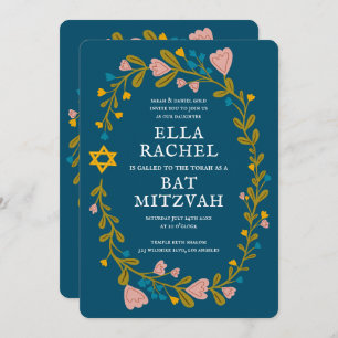 Floral Wreath Bat Mitzvah Hand-drawn Custom QRcode Invitation