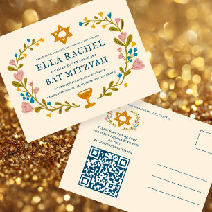 Floral Wreath Bat Mitzvah Hand-drawn Custom QRcode Postcard