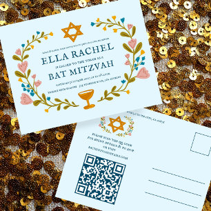 Floral Wreath Bat Mitzvah Hand-drawn Custom QRcode Postcard