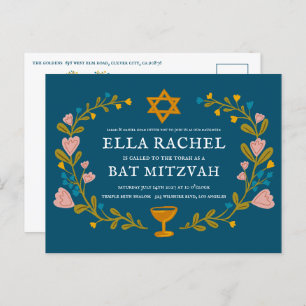 Floral Wreath Bat Mitzvah Hand-drawn Custom QRcode Postcard
