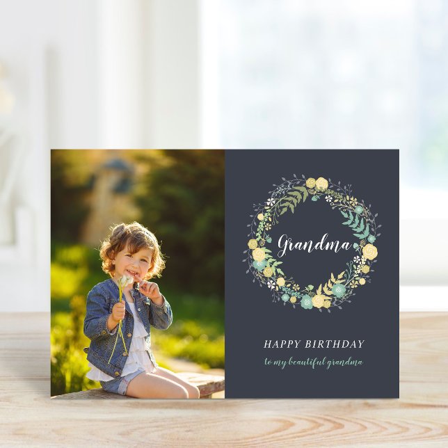 Floral Wreath Birthday Photo Card for Grandma (Creator Uploaded)