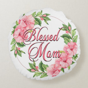 Floral Wreath Blessed Mum Round Cushion