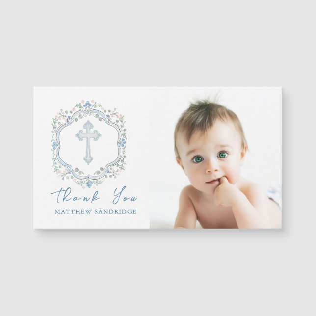 Floral Wreath Blue Cross Baptism Photo Thank You  (Front)