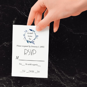 Floral Wreath Blue Two Become One Wedding RSVP Card