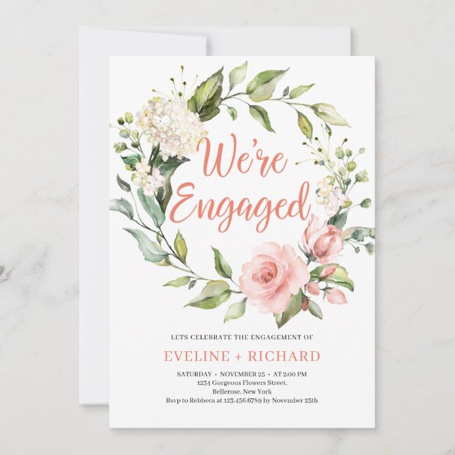Floral wreath blush floral withe hydrangea engage invitation (Front)