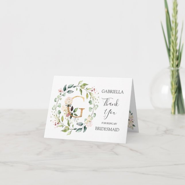 Floral Wreath Bridesmaid  letter G Thank You card (Front)