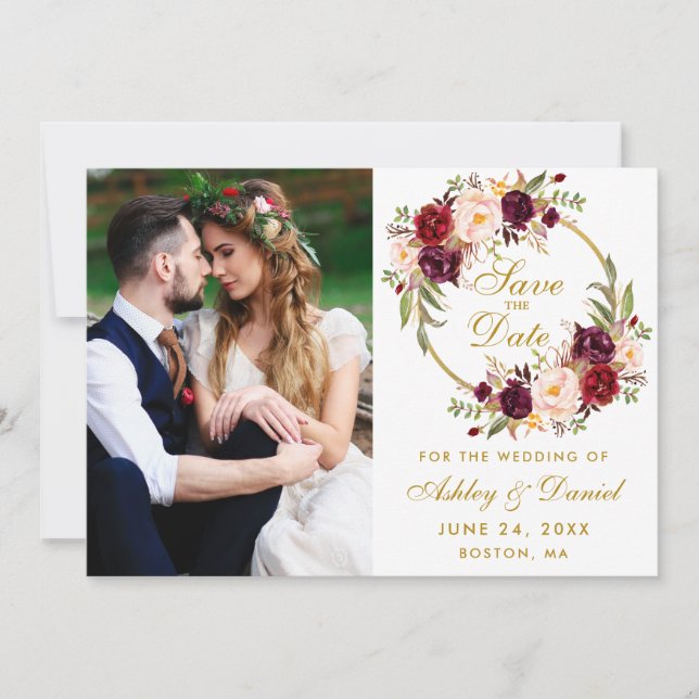 Floral Wreath Burgundy Gold Save The Date Photo (Front)