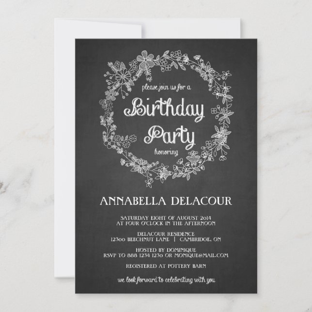 Floral Wreath Chalkboard Birthday Party Invitation (Front)