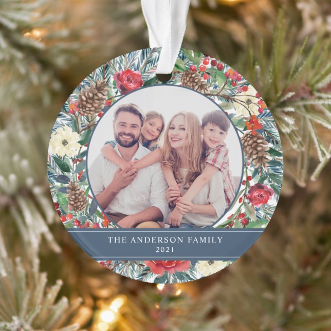 Floral Wreath Christmas Personalised Photo Blue Ornament (Tree)