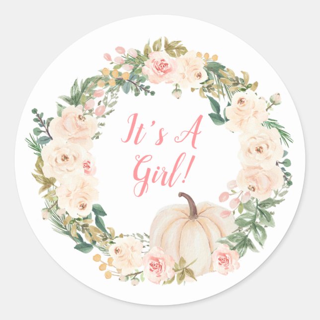 Floral Wreath Cream Pumpkin It's A Girl Classic Round Sticker (Front)