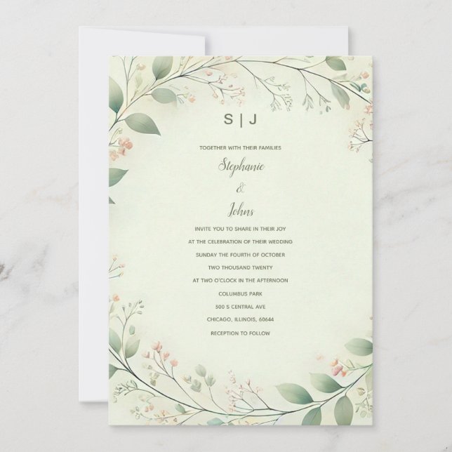 Floral Wreath Crest Monogram Sage Green Wedding Invitation (Front)