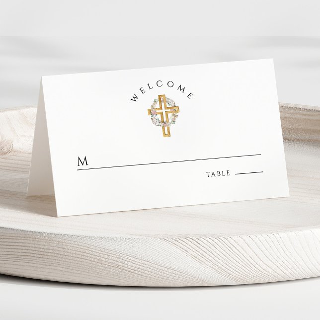 Floral Wreath Cross First Communion  Place Card (Front - Floral Wreath Cross First Communion Place Card)