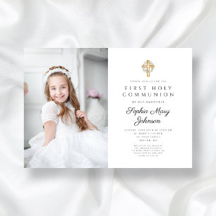 Floral Wreath Cross Photo Girl First Communion Invitation
