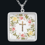 Floral Wreath Crucifix Yellow Pink Roses Silver Plated Necklace<br><div class="desc">Pastel Yellow and Pink Roses on spring floral wreath with golden Crucifix -</div>