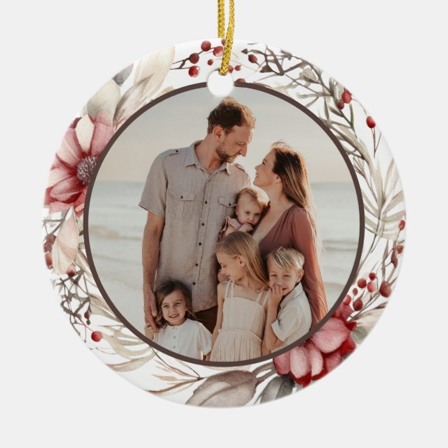 Floral Wreath Custom Photo Ceramic Tree Decoration (Front)