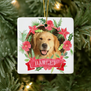 Floral Wreath Dog Photo Ceramic Ornament