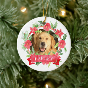 Floral Wreath Dog Photo Ceramic Tree Decoration