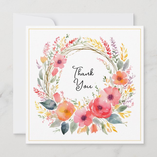 Floral Wreath Elegant Pretty Watercolor Thank You  Card (Front)