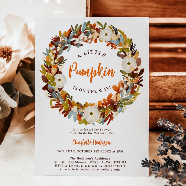 Floral wreath fall little pumpkin baby shower invitation (Floral wreath fall little pumpkin baby shower invitation)