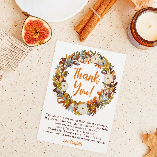 Floral wreath fall little pumpkin baby shower thank you card (Floral wreath fall little pumpkin baby shower thank you card)