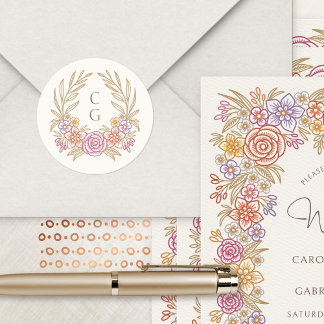 Floral Wreath Fall Monogram Crest Wedding Classic Round Sticker
