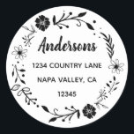 Floral Wreath | Family Name Return Address Classic Round Sticker<br><div class="desc">This customisable sticker featuring simple typography,  modern calligraphy and a rustic floral wreath.</div>