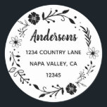 Floral Wreath | Family Name Return Address Classic Round Sticker<br><div class="desc">This customisable sticker featuring simple typography,  modern calligraphy and a rustic floral wreath.</div>