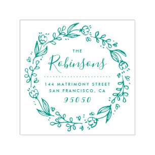 Floral Wreath Family Name Return Address Green Self-inking Stamp