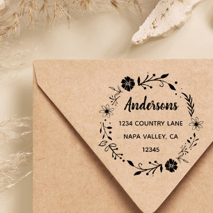 Floral Wreath Family Name Return Address Rubber Stamp