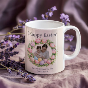 Floral Wreath & Family Photo Personalised Easter Coffee Mug