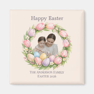 Floral Wreath & Family Photo Personalised Easter Magnet