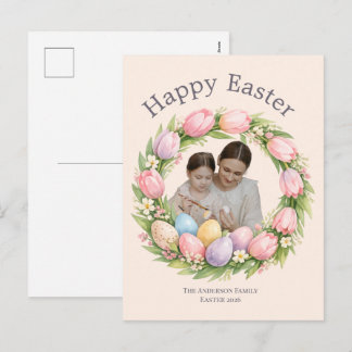 Floral Wreath & Family Photo Personalized Easter  Holiday Postcard