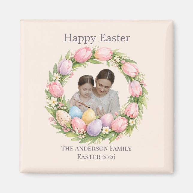Floral Wreath & Family Photo Personalized Easter  Magnet (Front)