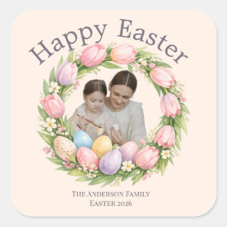 Floral Wreath & Family Photo Personalized Easter  Square Sticker