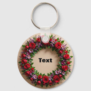 Floral Wreath Featuring Red Roses and Pink Blooms Key Ring