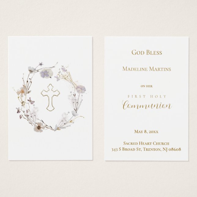 floral wreath First Communion remembrance card (Front & Back)