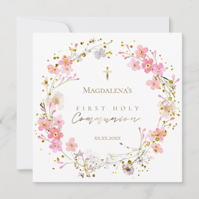 floral wreath First Holy Communion Invitation (Front)