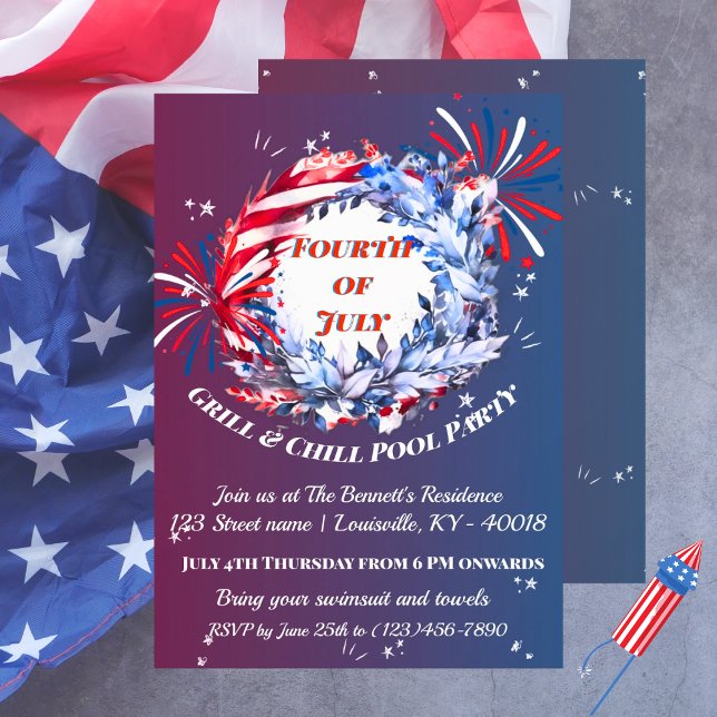 Floral Wreath Fourth of July Party Invitation (Creator Uploaded)