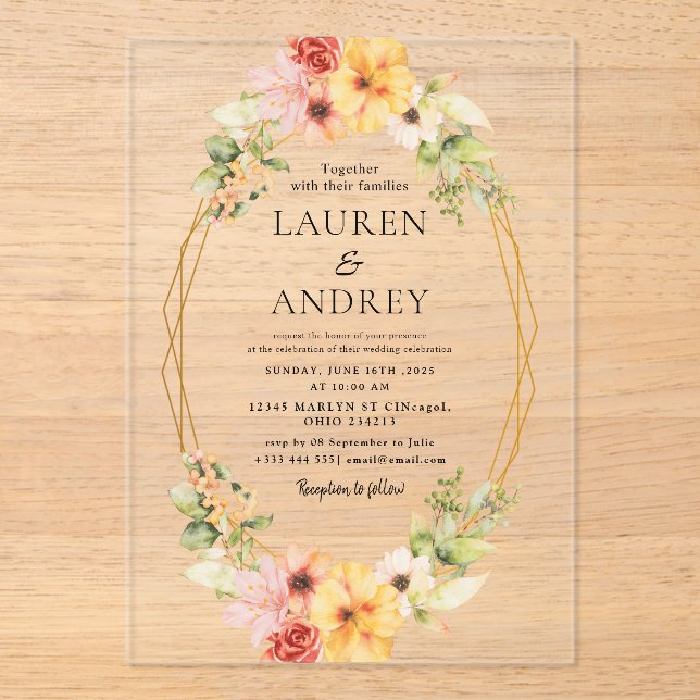 Floral Wreath & Geometric Frame Wedding  Acrylic Invitations (Front)